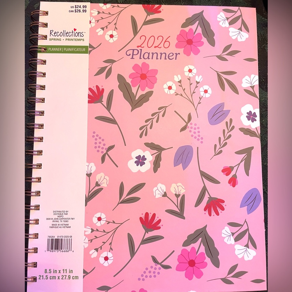 Hardcover Large 2026 Organizational Planner, Beautiful Floral Design Pink cover